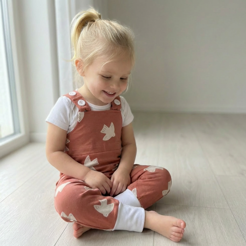 Állítható méretű madaras kantáros gyerek nadrág